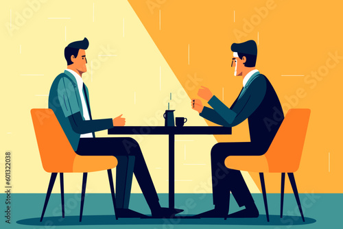 Two colleagues deep in conversation flat style illustration