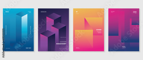 Abstract gradient background vector set. Minimalist style cover template with vibrant perspective 3d geometric prism shapes collection. Ideal design for social media, poster, cover, banner, flyer.