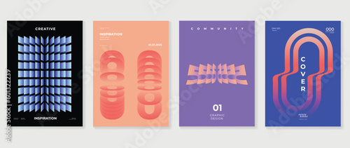 Abstract gradient background vector set. Minimalist style cover template with vibrant perspective 3d geometric prism shapes collection. Ideal design for social media, poster, cover, banner, flyer.