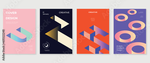 Abstract gradient background vector set. Minimalist style cover template with vibrant perspective 3d geometric prism shapes collection. Ideal design for social media, poster, cover, banner, flyer.