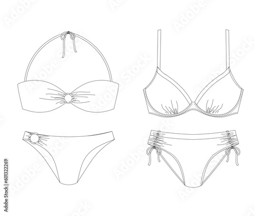 Woman sustainable swimwear, technical drawing, template, sketch, flat, mock up. Recycled PA, Recycled PES, Lycra fabric. Swimwear fashion front view, white color
