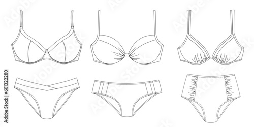 Woman sustainable swimwear, technical drawing, template, sketch, flat, mock up. Recycled PA, Recycled PES, Lycra fabric. Swimwear fashion front view, white color 