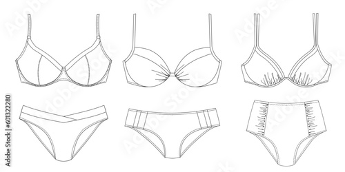 Woman sustainable swimwear, technical drawing, template, sketch, flat, mock up. Recycled PA, Recycled PES, Lycra fabric. Swimwear fashion front view, white color
