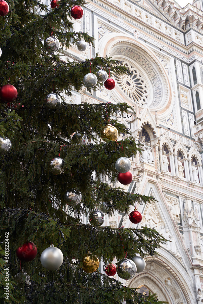 Christmas tree in front of Cathedral of Santa Maria del Fiore in Florence, Italy
