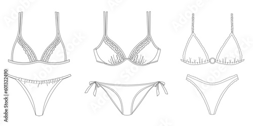 Woman sustainable swimwear, technical drawing, template, sketch, flat, mock up. Recycled PA, Recycled PES, Lycra fabric. Swimwear fashion front view, white color
