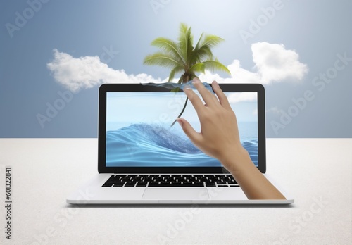 summer palm tropical laptop beach tree travel computer concept vacation. Generative AI.