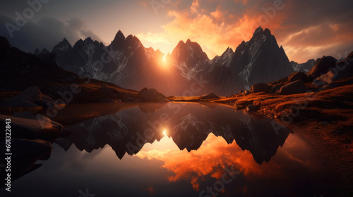 Canvas Print Serene mountain lake during sunset, with the sun setting behind the jagged peaks, casting a warm orange glow over the landscape