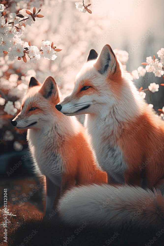Obraz premium A couple of foxes sitting next to each other. Generative AI
