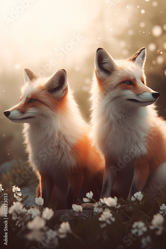 A couple of foxes sitting next to each other. Generative AI