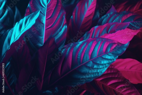 neon night background tropical purple plant leaf exotic art jungle spring. Generative AI. © VICHIZH