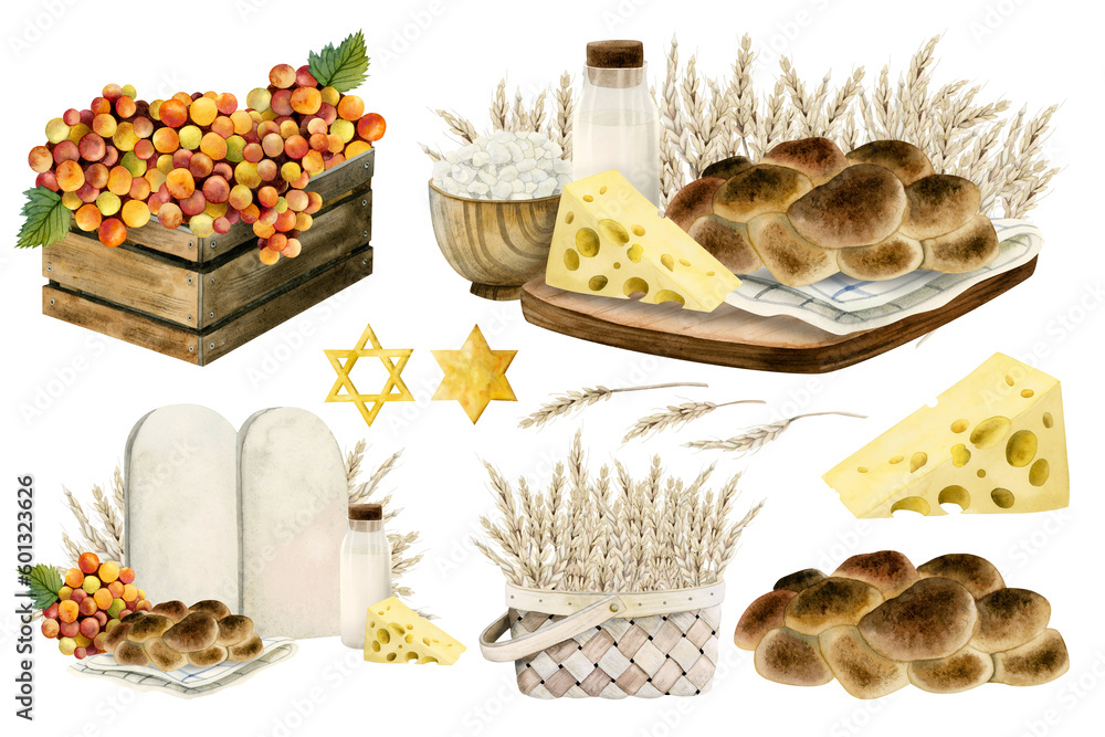 Shavuot symbols illustration bundle isolated on white. Hand drawn ...