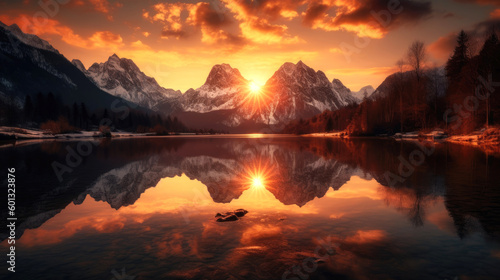 Serene mountain lake during sunset, with the sun setting behind the jagged peaks, casting a warm orange glow over the landscape. Generative AI © piai