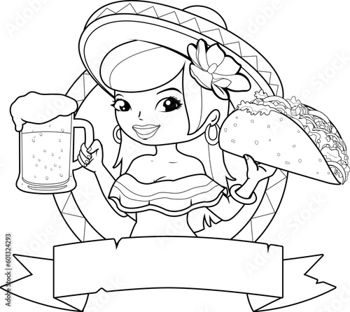 Mexican woman serving a cold beer and a taco. Vector black and white coloring page