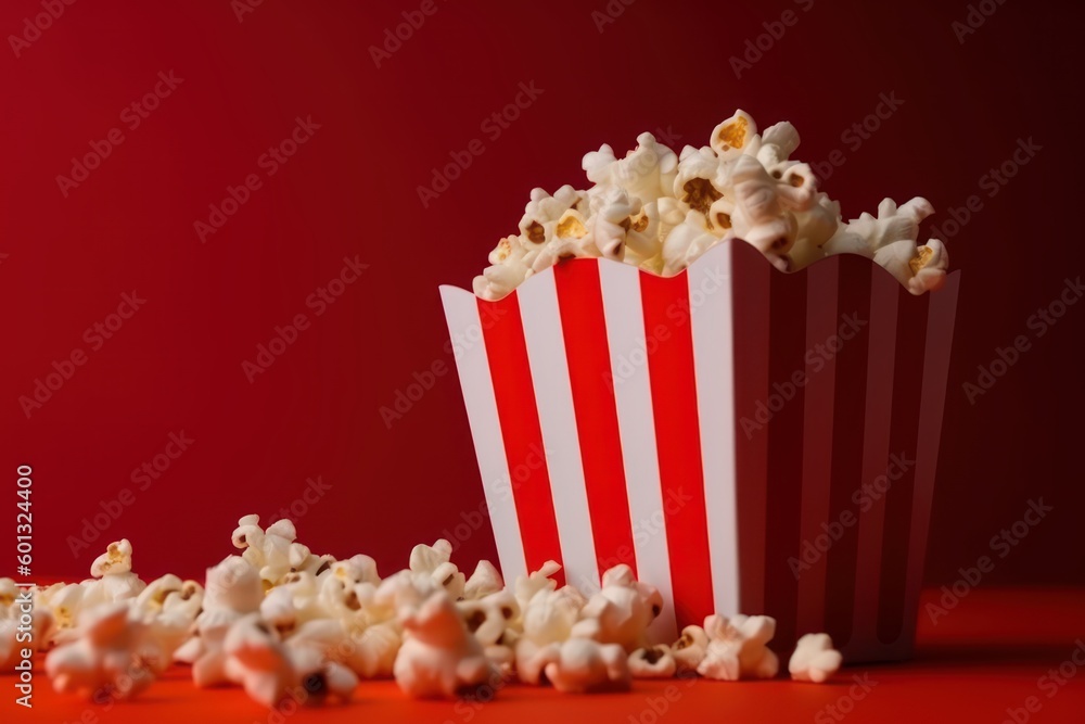 Popcorn bucket on red background. Generative AI