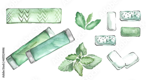 Mint chewing gum. A set of green peppermint leaves, chewing gum pads, chewing gum sticks in a package. Watercolor illustration by hand on a white background.