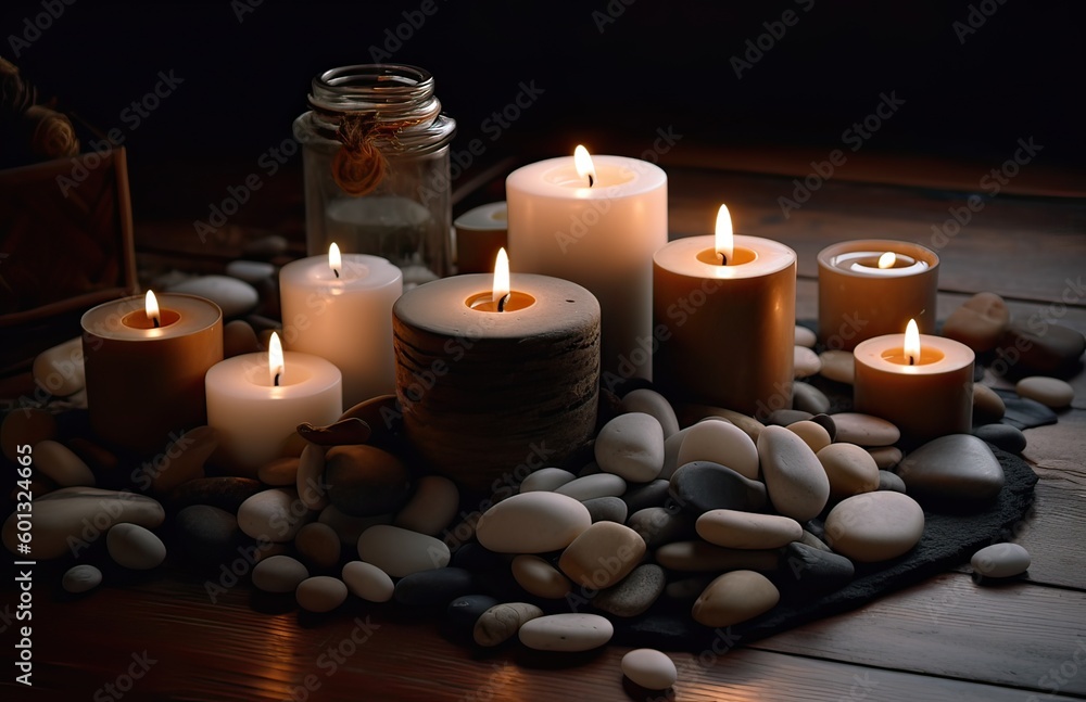 Spa stones, towel and candles on color background. Spa composition and treatments on light wooden background, close-up. Generative Ai Spa stones, towel and candles on color background. Spa composition and treatments on light wooden background, close-up. Generative Ai