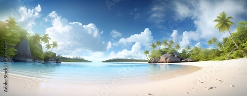 Sky and sun at sea background, ocean and beach vector island scenery empty cartoon. Ocean or sea water with waves and clouds in sky summer blue seascape with cloudy sky and seaside. Generative Ai © Kowit
