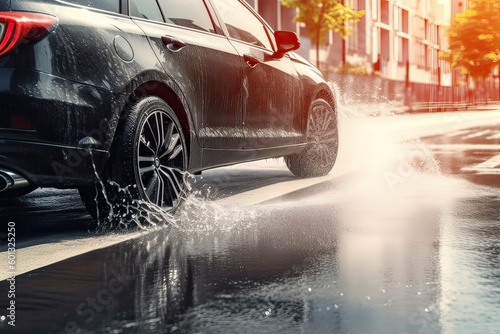 rainwater spraying from car wheels. city road during heavy rain. Generative Ai.