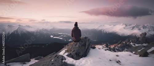 Tourist with Fantastic snow mountains landscape banner background. Colorful pink and blue clouds overcast sky. Generative Ai.