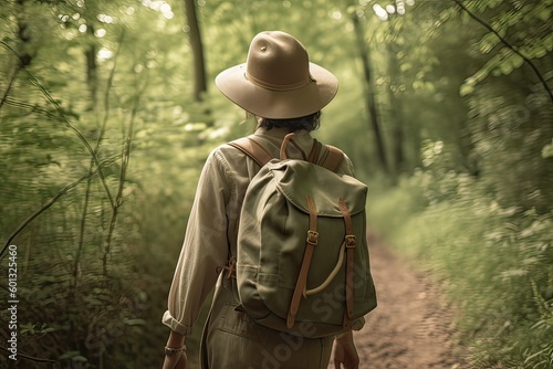 Woman with backpack hiking in forest at springtime. Woodland with flowering wild garlic. Adventure in beautiful nature. Generative Ai. © Kowit