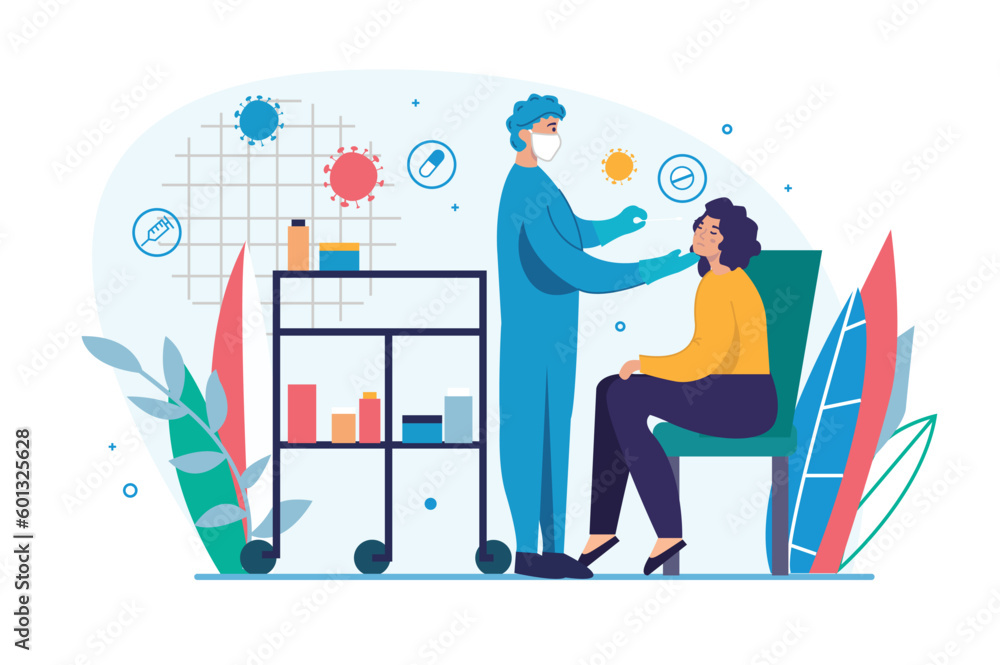 Medicine concept Covid with people scene in the flat cartoon style. A woman came to the laboratory to take a test for a dangerous disease. Vector illustration. Medicine concept Covid with people scene in the flat cartoon style. A woman came to the laboratory to take a test for a dangerous disease. Vector illustration.