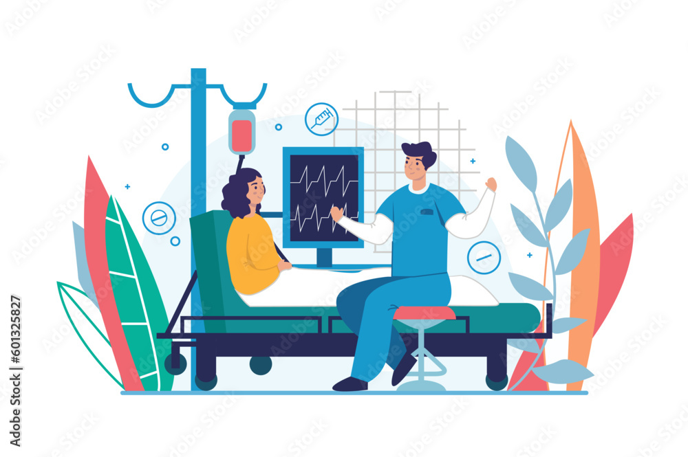Hospital beds medicine concept with people scene in the flat cartoon