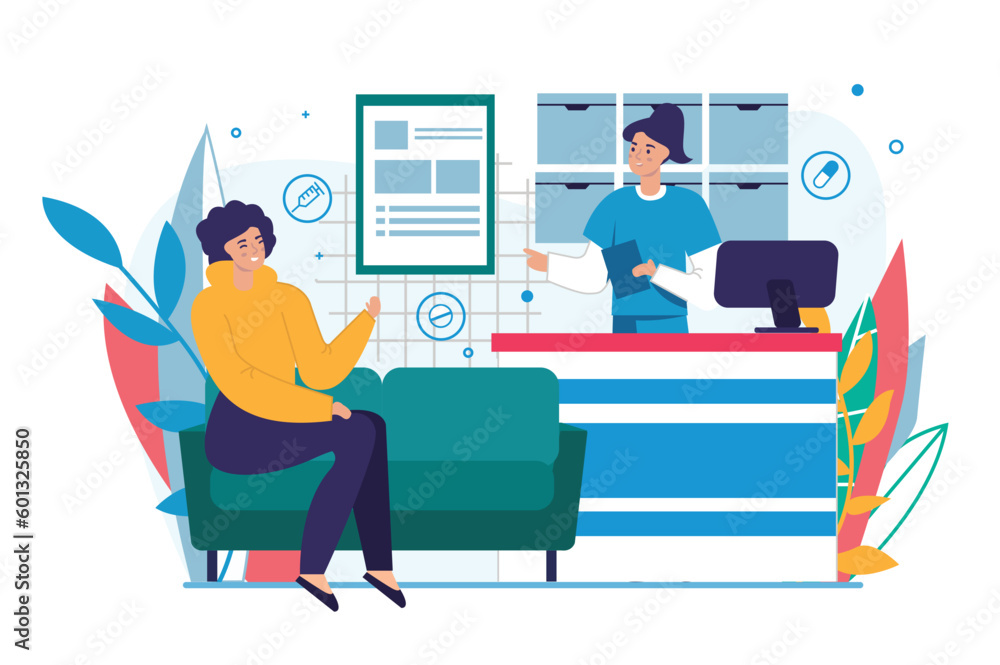 Reception at the hospital medicine concept with people scene in the flat cartoon style. A woman is waiting at the hospital reception for a doctor's consultation. Vector illustration. Reception at the hospital medicine concept with people scene in the flat cartoon style. A woman is waiting at the hospital reception for a doctor's consultation. Vector illustration.