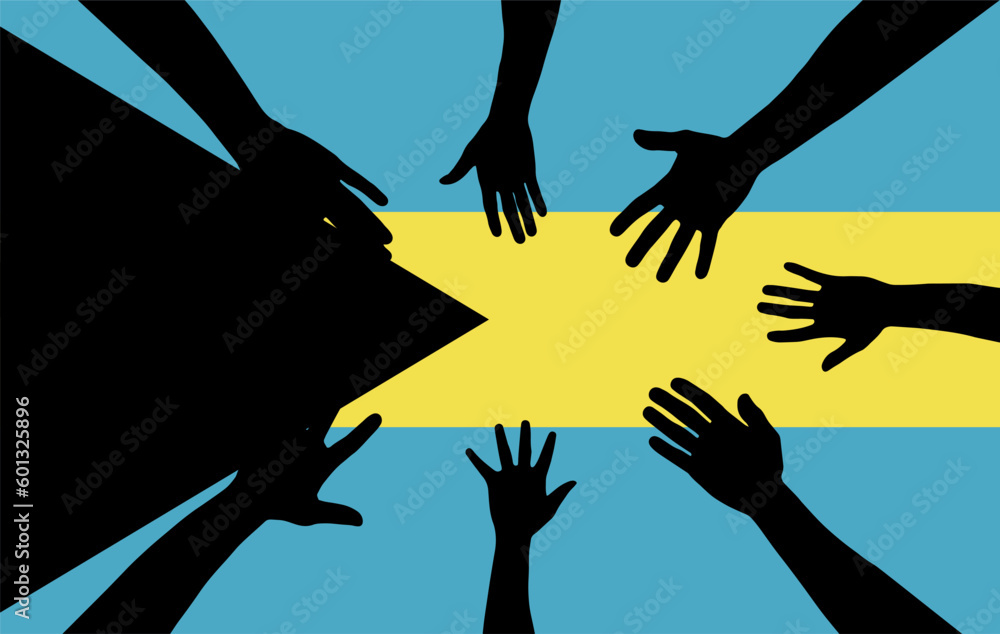 Group of Bahamas people gathering hands vector silhouette, unity or support idea Group of Bahamas people gathering hands vector silhouette, unity or support idea