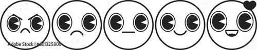 Série d'icônes pour enquête de satisfaction client, style fun de smiley rond, de la colère à la joie avec un grand sourire, dessin au trait noir et blanc, notation graduée