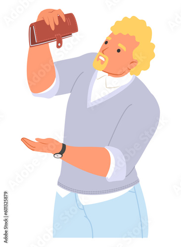 Poor man holding empty wallet shaking hoping to find money