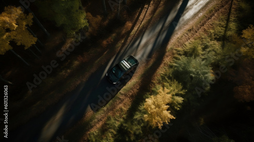 Overhead snapshot of a car driving on a forest asphalt road © Louis