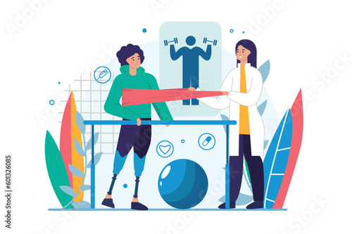 Rehabilitation medicine concept with people scene in the flat cartoon style. The doctor helps the patient to do exercises for faster rehabilitation after the injury. Vector illustration.