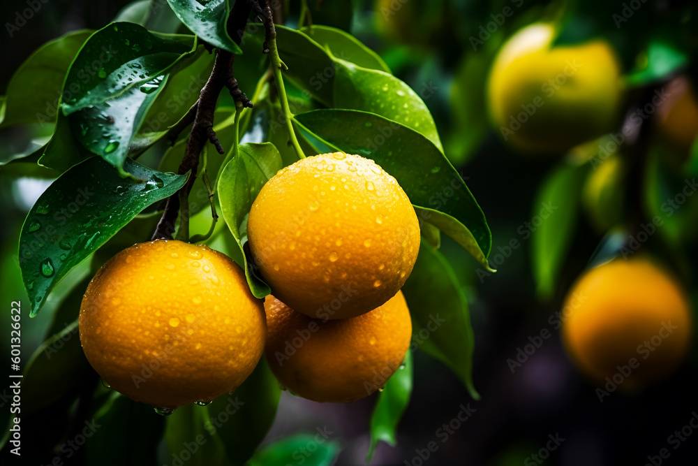 Oranges on a branch in a garden, wet orange tree