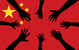 Group of China people gathering hands vector silhouette, unity or support idea