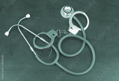 Stethoscope with handcuffs on wooden table. Crime in medicine concept.