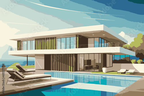 Modern house with pool. Vector illustration of a house with a swimming pool. © Oleh