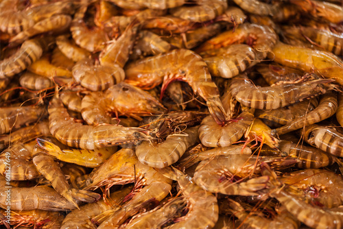 Shrimps close up in market in Asia. Shallow depth of fiels, selective focus