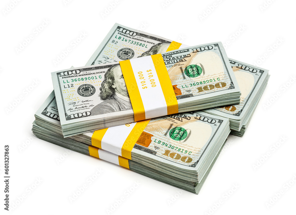 Creative business finance making money concept - stack of bundles of 100 US dollars 2013 edition banknotes bills isolated on white Creative business finance making money concept - stack of bundles of 100 US dollars 2013 edition banknotes bills isolated on white