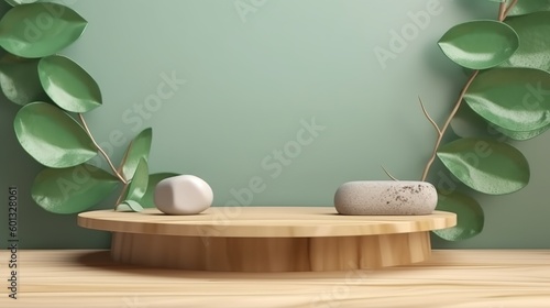 Wood podium with green leaves and natural stones  Background for cosmetic products of natural color  Generative Ai