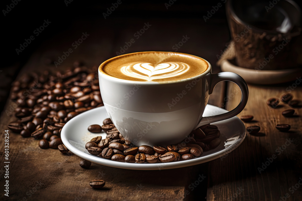 Coffee cup with latte art on wooden table background. Coffee cup with latte art on wooden table background.
