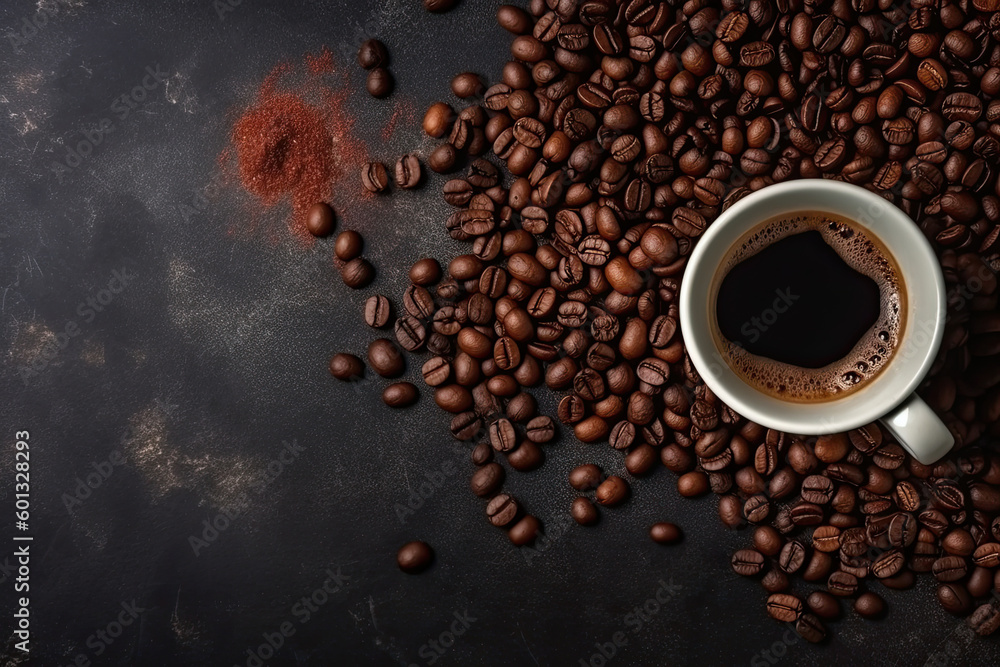 Coffee cup and coffee beans on a dark stone background. Coffee cup and coffee beans on a dark stone background.