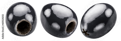Three pitted black olives isolated on white background.