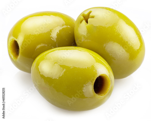Принти на полотні Three pitted green olives isolated on white background.