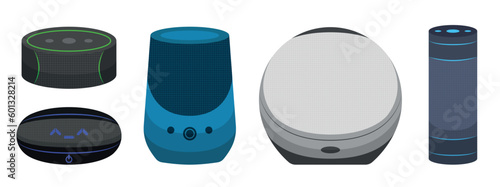 Set of portable wireless speakers in cartoon style. Vector illustration of different portable speakers for listening to music on white background. Connecting with a smartphone to listen to music.