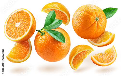 Orange fruits and slices of orange fruit levitating in air on white background.