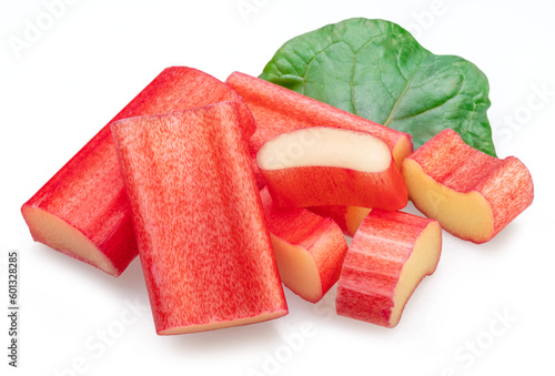 Photos Red rhubarb stems' cuts over rhubarb leaves isolated on white background