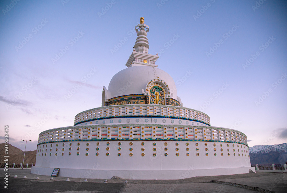 Evening sunset view of Shanti stupa, the big stupa in Leh - Ladakh - India