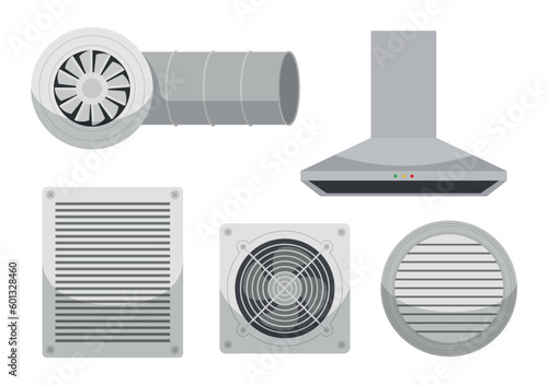Set of fans, hoods in a cartoon style. Vector illustration of various exhaust fans, kitchen hood,