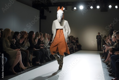 funny scene on a catwalk with model in horce costume, ai tools generated image photo