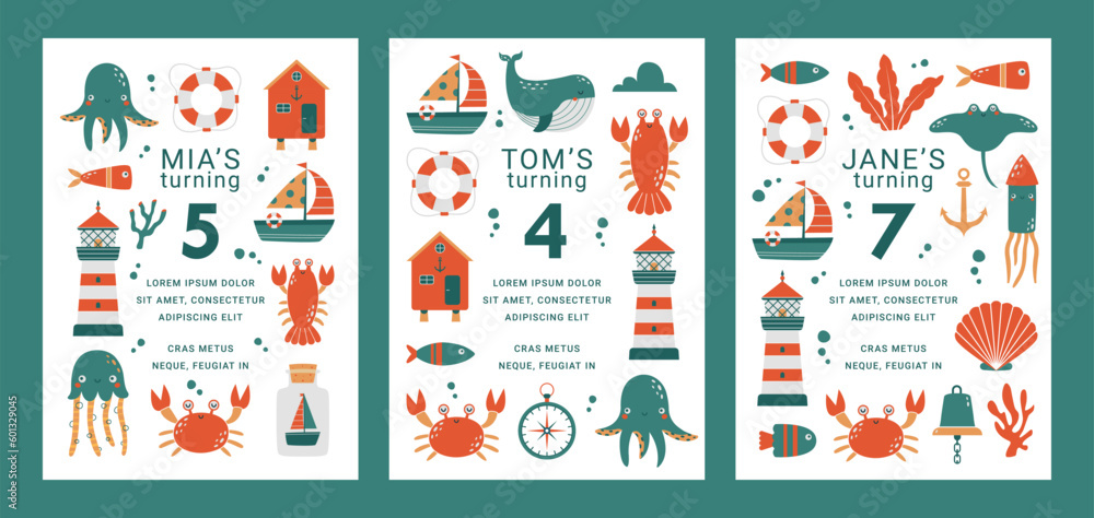 Set designs of childish birthday party invitation with sea animals, lighthouse, crab, fish, ship, whale, squid, octopus. Cute vector cards with cartoon simple illustrations with text for baby shower.